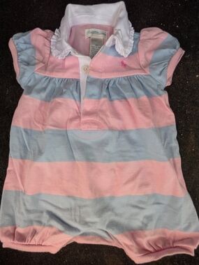 Ralph Lauren Pink & Light Blue Striped Polo Romper with Ruffled Collar